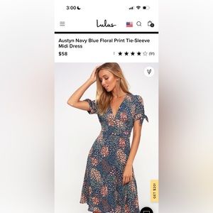 Lulus Austyn  Navy Blue Floral Print Tie Sleeve Midi Dress. Size S.